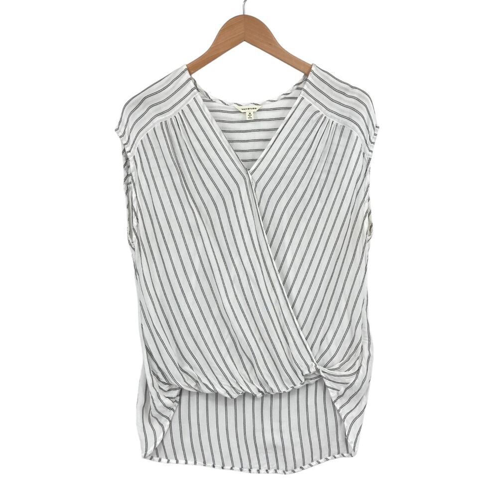 Max Studio Blouse Womens Medium White Striped Sleeveless Surplice Neck High Low